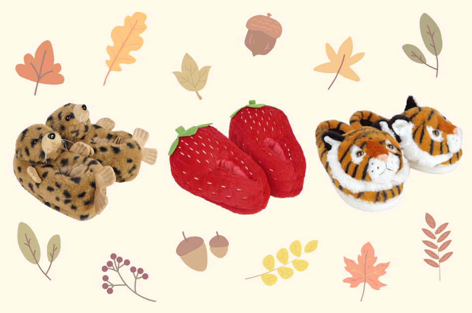 Seal slippers, strawberry slippers and tiger slippers surrounded by cartoon images of fall leaves