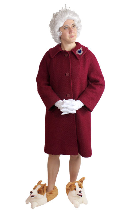 Woman dressed as Queen Elizabeth with red coat, white wig, crown, brooch, white gloves and corgi slippers