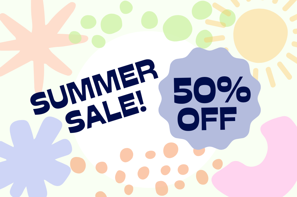 Summer Sale! 50% Off, surrounded by colorful shapes
