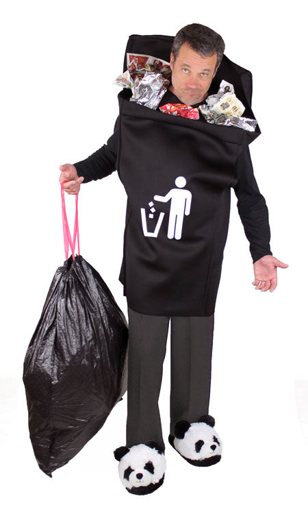 Man dressed in a trash can costume wearing panda slippers and carrying a trash bag