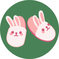 green circle with cartoon image of bunny slippers inside it