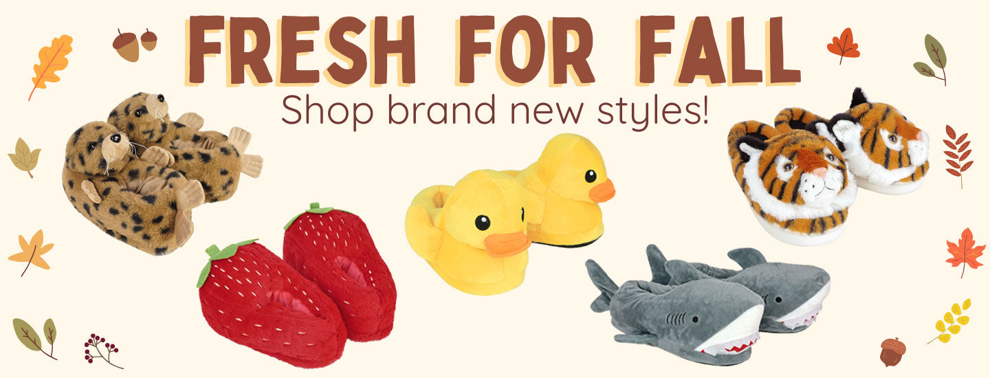 Promotional banner for fall-themed slippers with various animal slipper designs and text 'Fresh for Fall'.