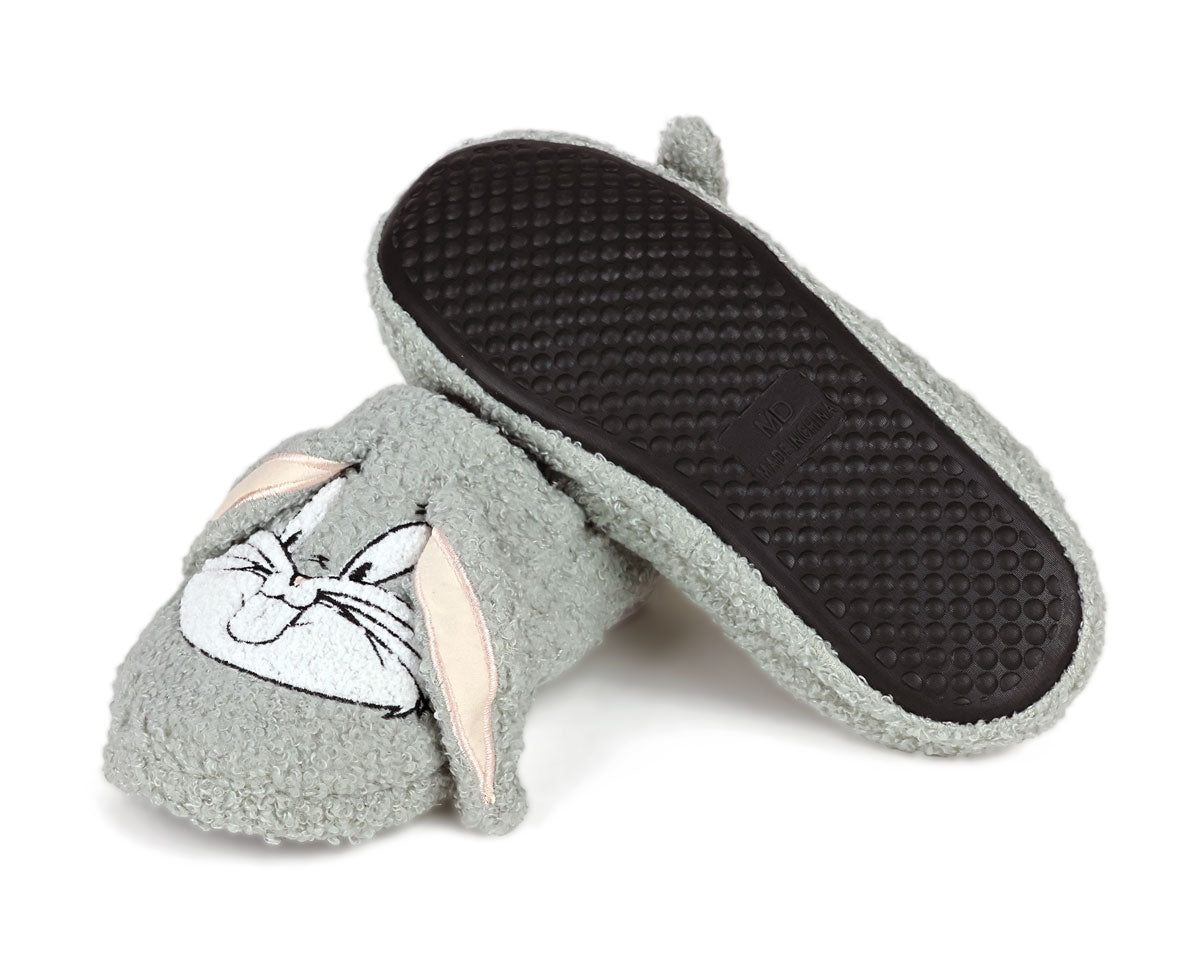 Pair of Bugs Bunny Slippers, one slipper is turned upside down to show the non-slip tread on the sole