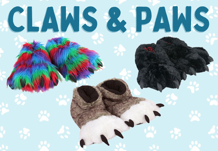 Rainbow paw slippers, black bear paw slippers, and brown wolf paw slippers on a light blue background with 'CLAWS & PAWS' text.