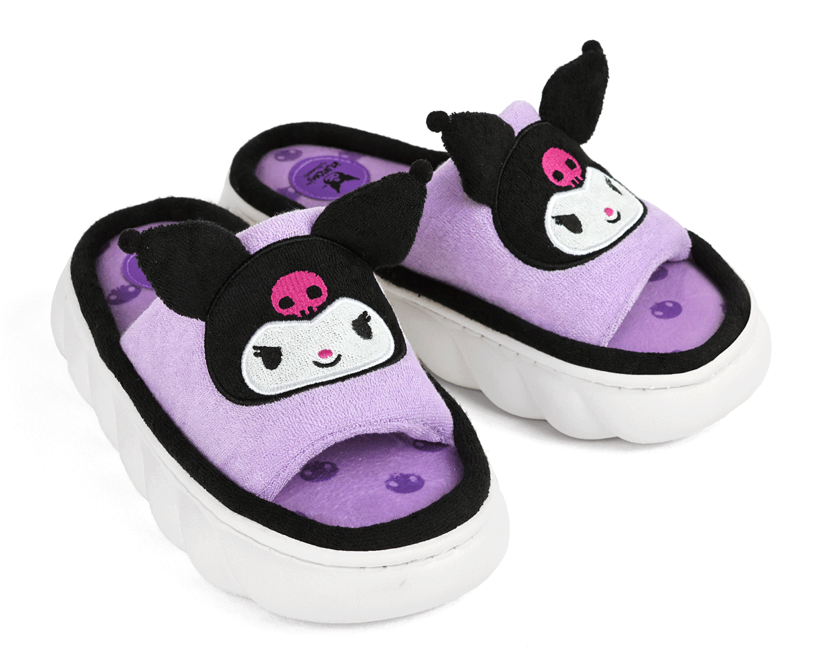Pair of purple slippers with face of the Sanrio character Kuromi