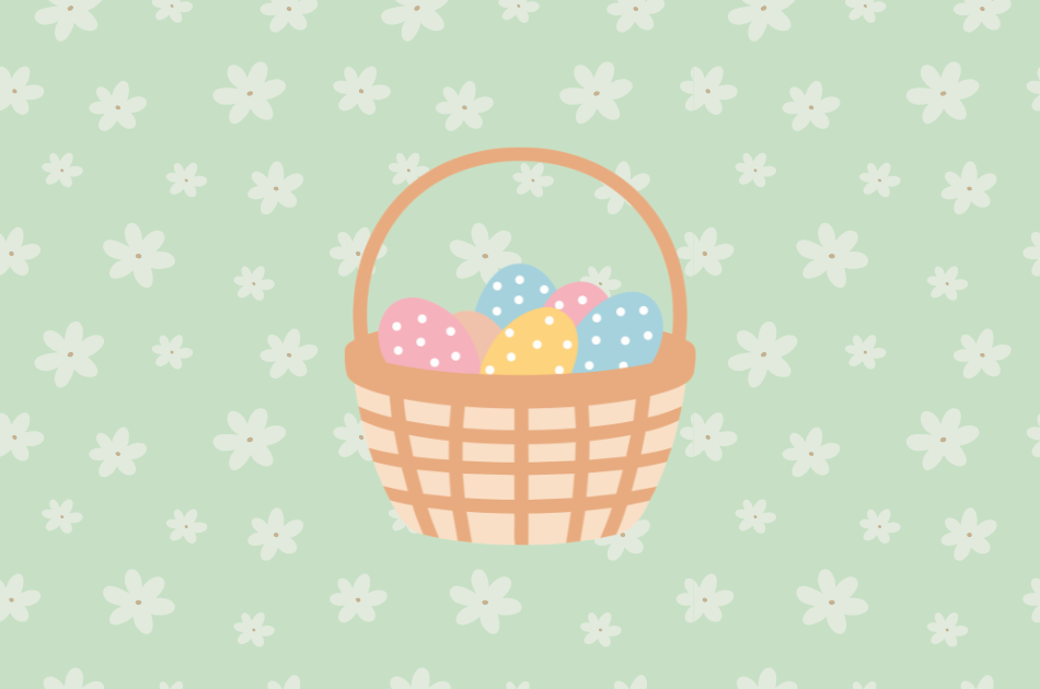 Graphic of cartoon easter basket full of colorful eggs, on a green floral background