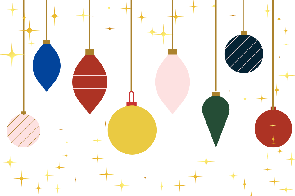 Cartoon graphics of colorful holiday ornaments and stars