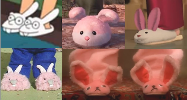 Six screenshots of bunny slippers from tv and movies