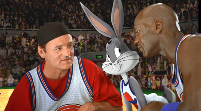 A scene from the film Space Jam where Bill Murray, Bugs Bunny and Michael Jordan are talking on the basketball court