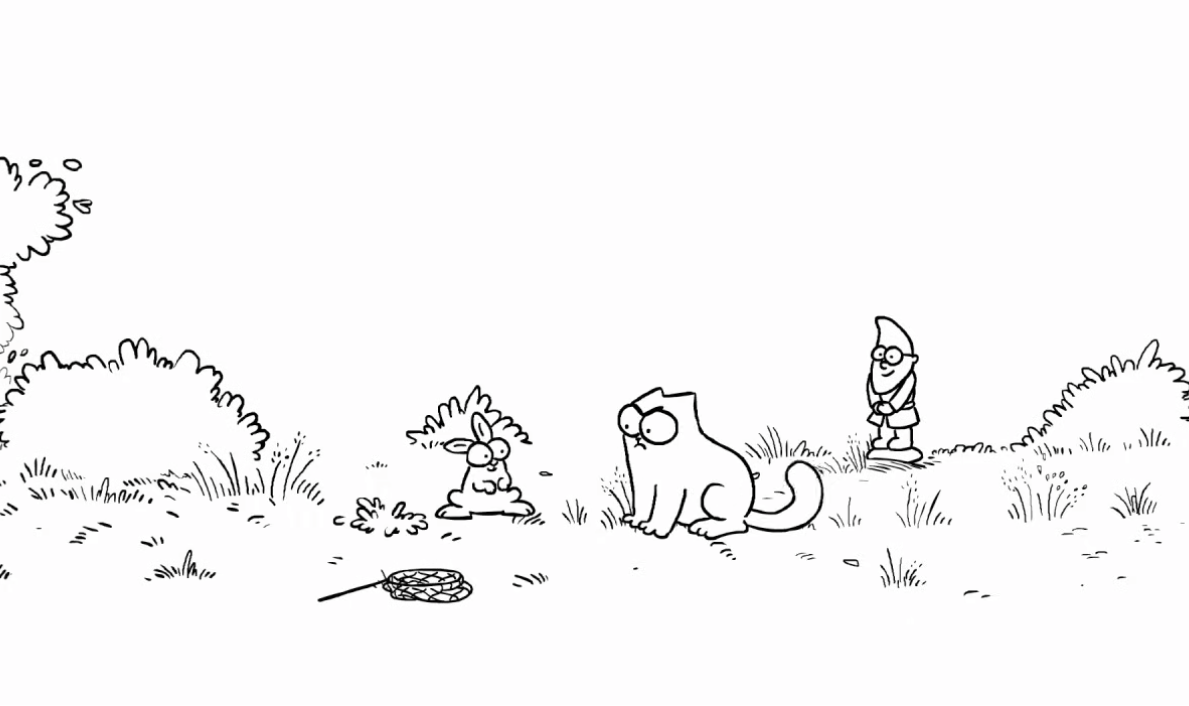 Screenshot of video from Simon's Cats showing black and white animation of cat, rabbit and person