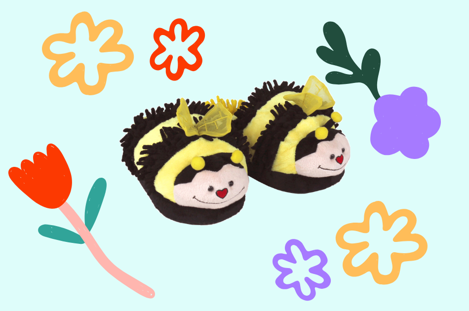 Photo of fuzzy bee slippers with floral graphics