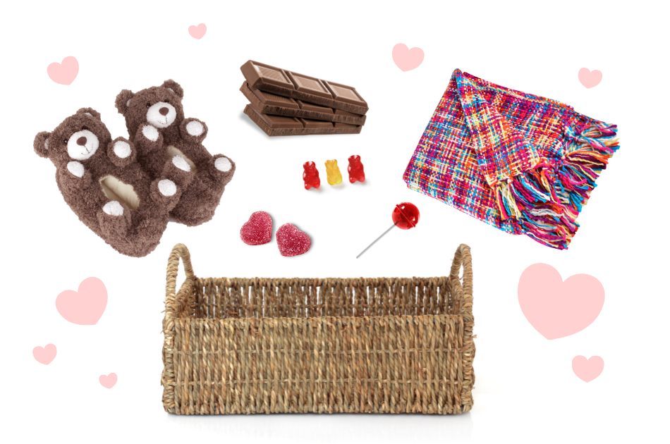 Woven basket with items spilling out of it: teddy bear slippers, a colorful blanket, and candy