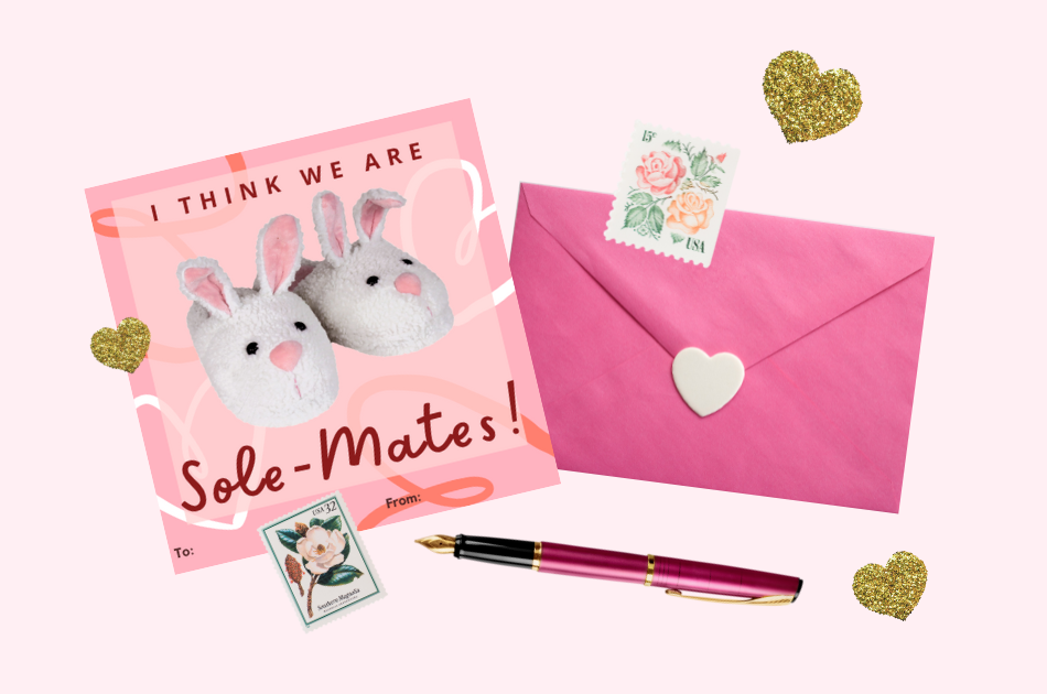 Valentine, envelope, stamp, pen, and heart stickers on a pink background