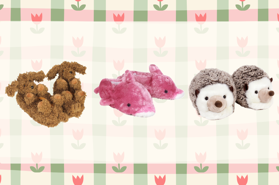 Three pairs of animal slippers against a plaid and floral background