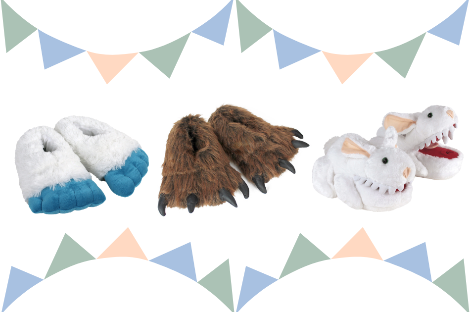 Three pair of slippers with banner graphics