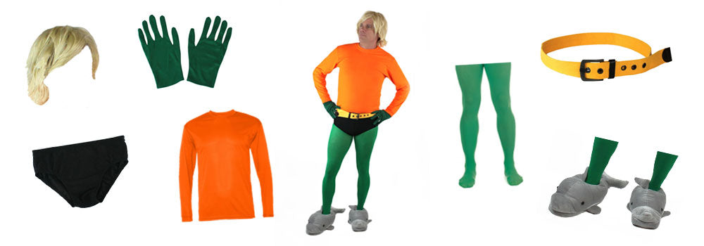 Man dressed as Aquaman with costume components around him, including wig, gloves, shirt, briefs, tights, belt and dolphin slippers