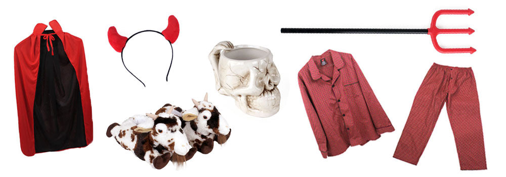 Group of items to create the devil costume: red cape, devil horns, goat slippers, skull mug, trident, red plaid pajamas