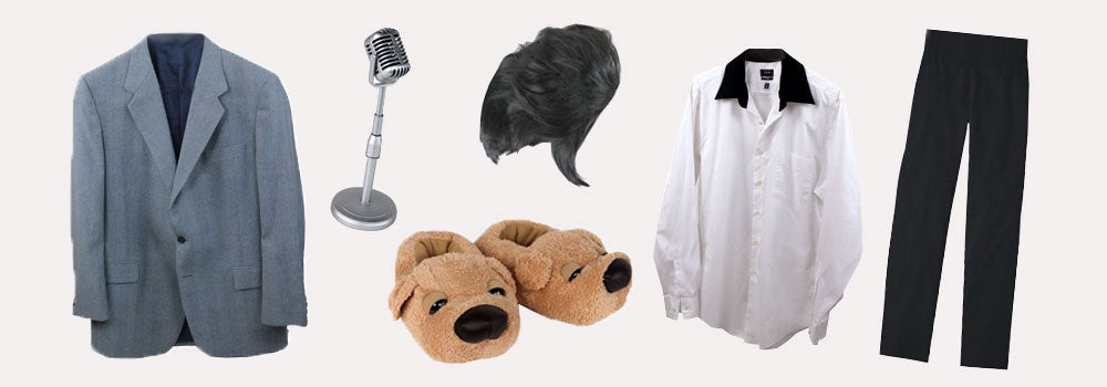 Gray jacket, microphone, hound dog slippers, black wig, white shirt and black pants