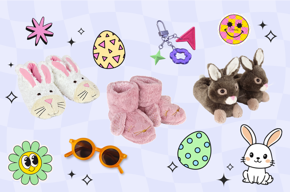 Bunny Slippers, sunglasses, a bag charm, and easter themed comic graphics on a light purple wavy checkerboard background
