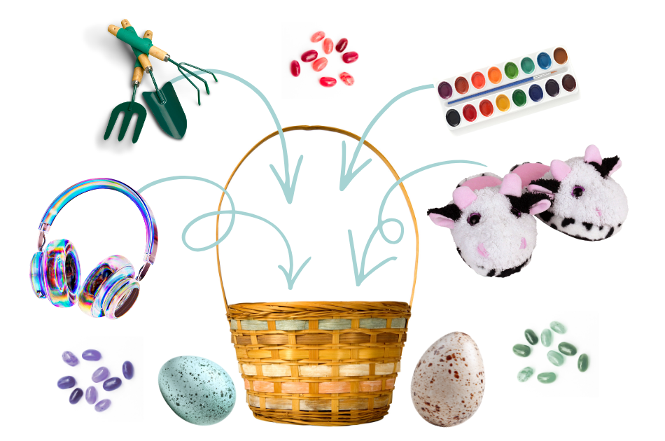 Easter basket surrounded by objects: headphones, gardening tools, jelly beans, easter eggs, watercolor paints, and cow slippers