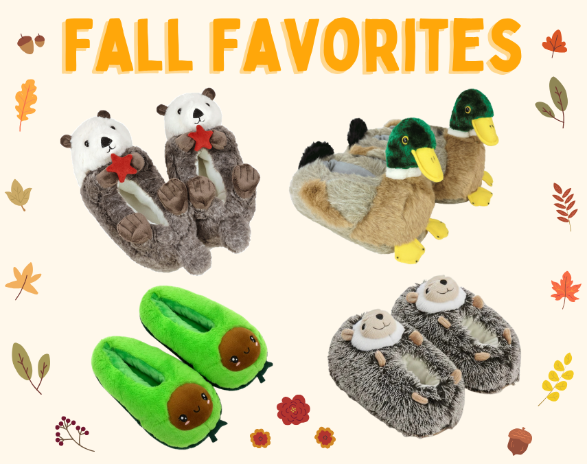 A collage of four plush animal slippers with the text 'FALL FAVORITES' at the top. The slippers include two otters, two mallards, green avocados and two hedgehogs, decorated with autumn leaves and acorns on a white background.