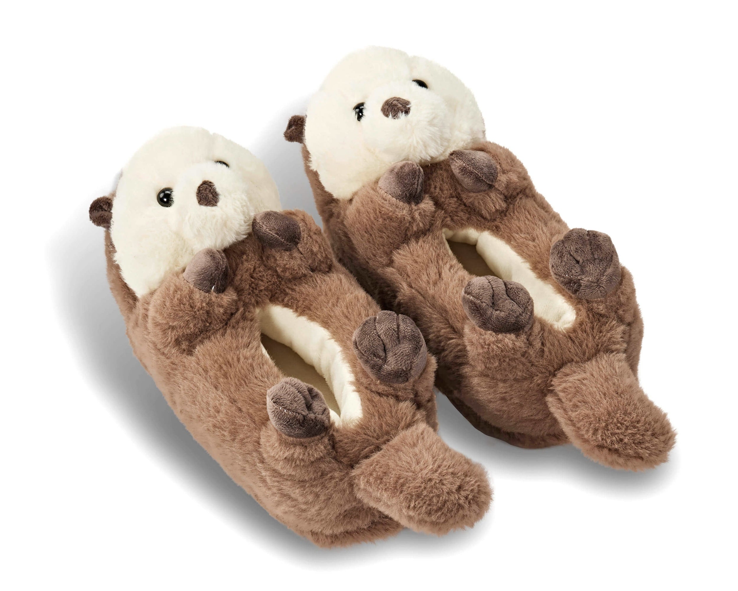 A pair of plush otter slippers on a white background. The slippers are made of brown faux fur with a cream-colored face and paws, and small black embroidered eyes and nose.