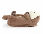 A plush slipper shaped like an otter, featuring a brown furry body, white face, and dark brown paws, shown on a plain white background.