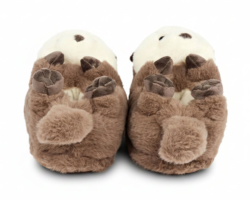 A pair of plush animal slippers shaped like otters, shown from the back. The slippers are made of soft brown faux fur with a cream-colored top and small dark brown details.