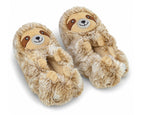 A pair of plush slippers shaped like sloths, featuring a soft tan and brown furry body with embroidered sloth faces on the top, shown on a clean white background.