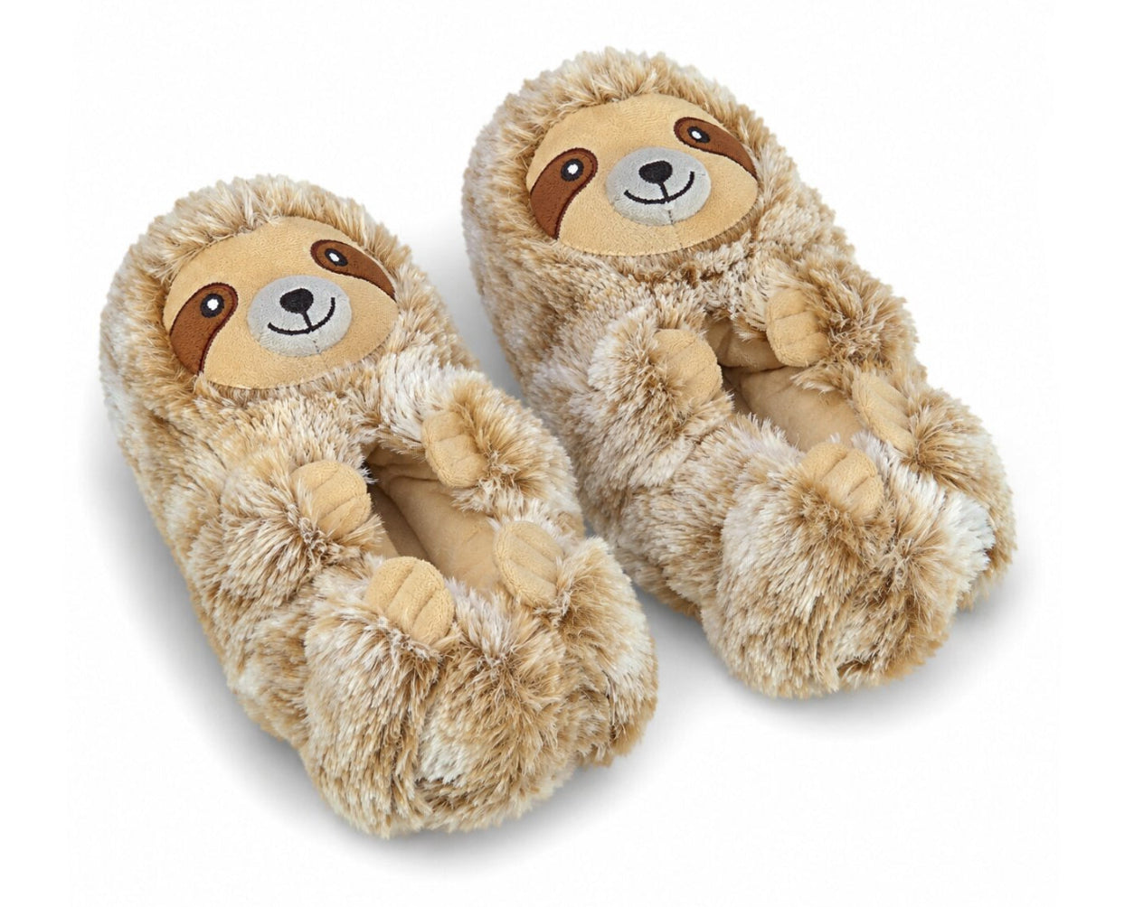 A pair of plush slippers shaped like sloths, featuring a soft tan and brown furry body with embroidered sloth faces on the top, shown on a clean white background.