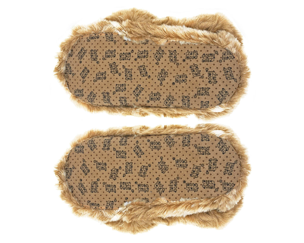 A pair of tan slipper soles with non-slip grips shown on a plain white background.