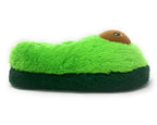 Green plush avocado slippers, seen from the side, on a white background