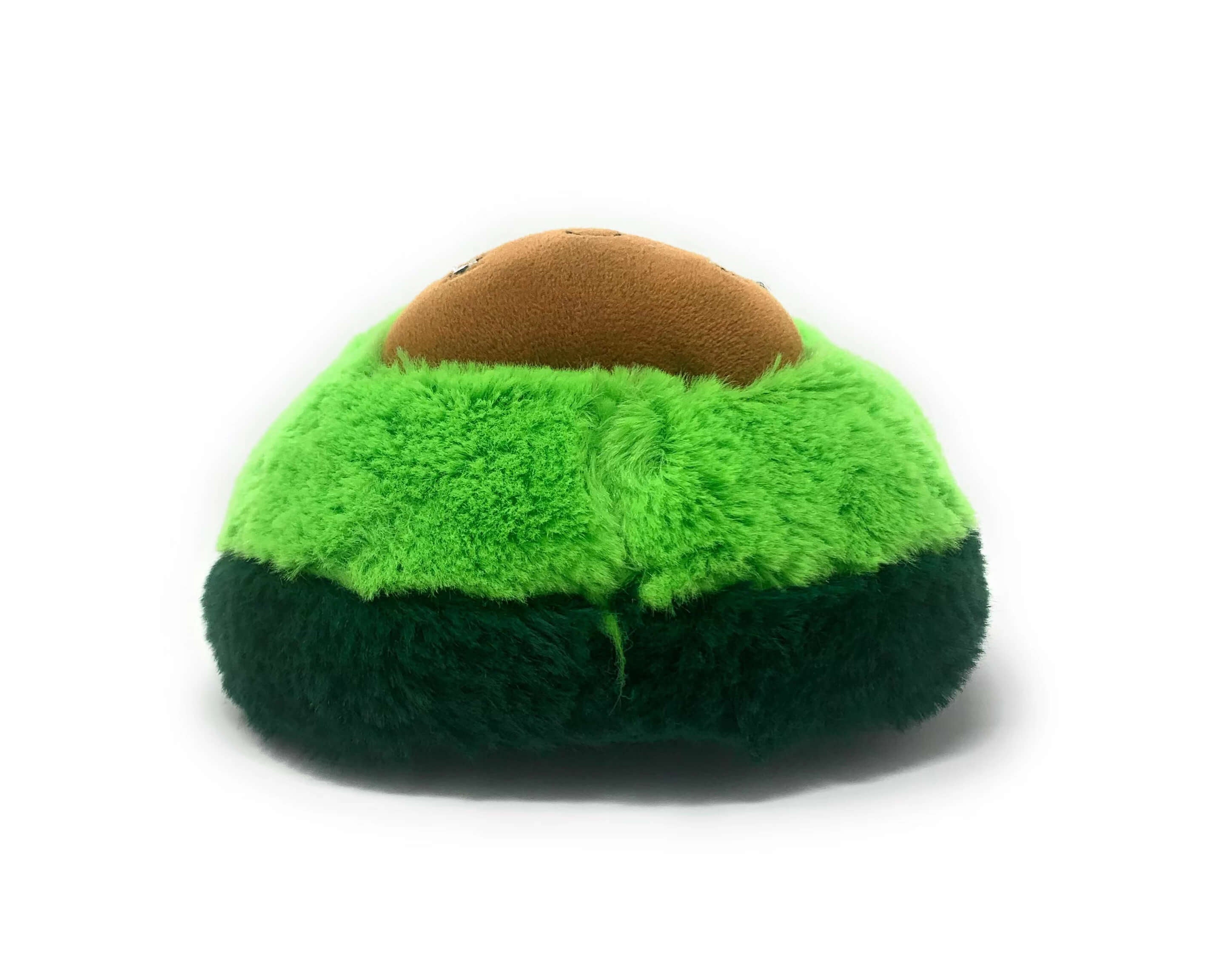 Plush avocado slipper front with green top, brown middle, and dark green bottom on a white background