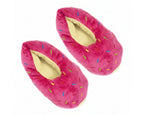 A pair of plush donut-shaped slippers in bright pink with multicolored sprinkle details and a cream-colored lining, shown against a plain white background.