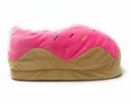 A plush donut-shaped slipper with bright pink frosting, colorful embroidered sprinkles, and a tan pastry-like base, photographed on a clean white background.