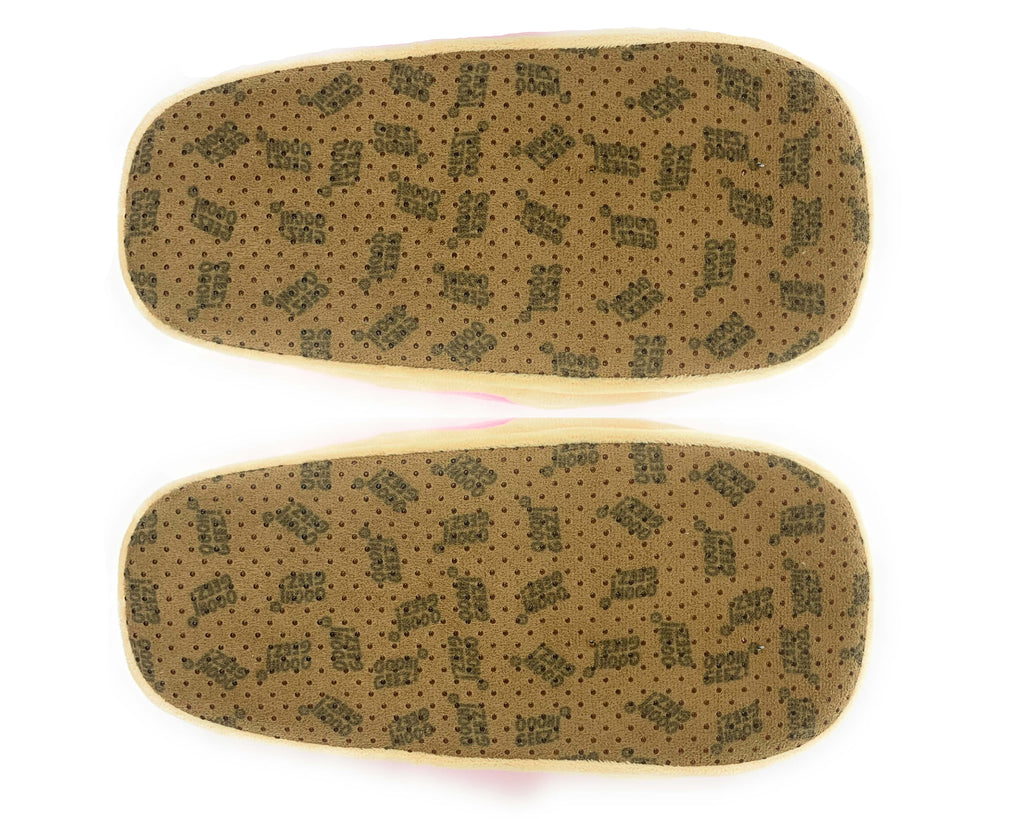 Pair of donut slippers upside-down to show texture of soles, with non-slip grips, on a white background
