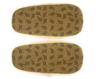Pair of donut slippers upside-down to show texture of soles, with non-slip grips, on a white background