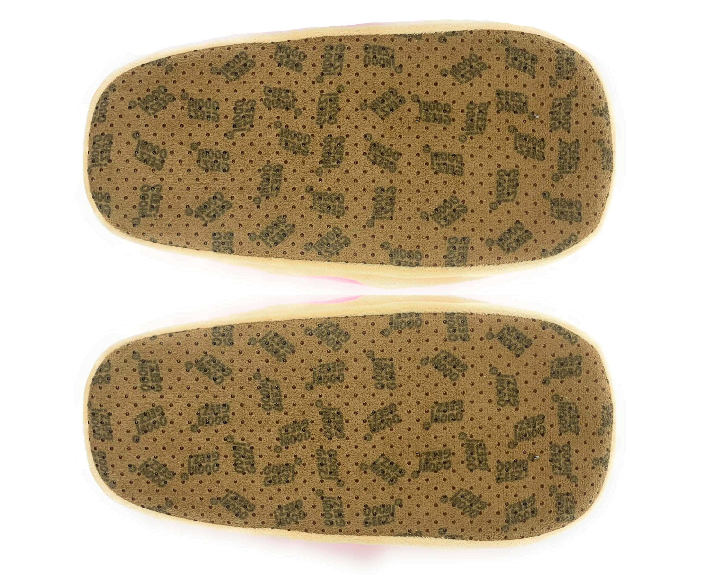 Pair of donut slippers upside-down to show texture of soles, with non-slip grips, on a white background