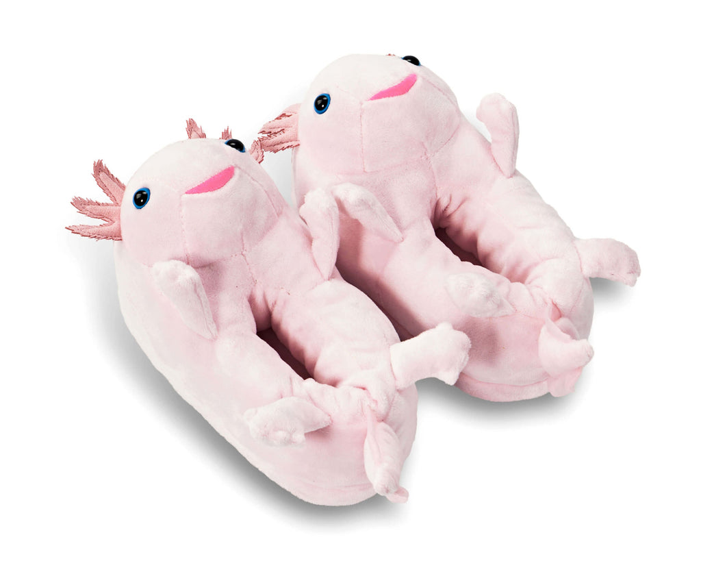 A pair of plush novelty slippers shaped like pink axolotls, featuring embroidered eyes, pink mouths, and gills, shown on a white background.