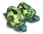 Turtle-shaped slippers with green and blue pattern on a white background