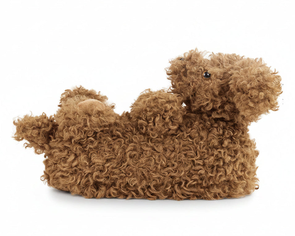 Brown curly dog-shaped slipper on a white background