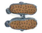 Bottom view of a pair of manatee slippers, showing faux suede footbeds with non-slip grips on a white background