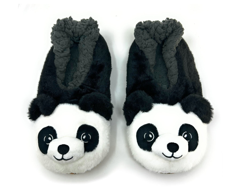 Pair of panda-themed slippers with fuzzy black tops on a white background