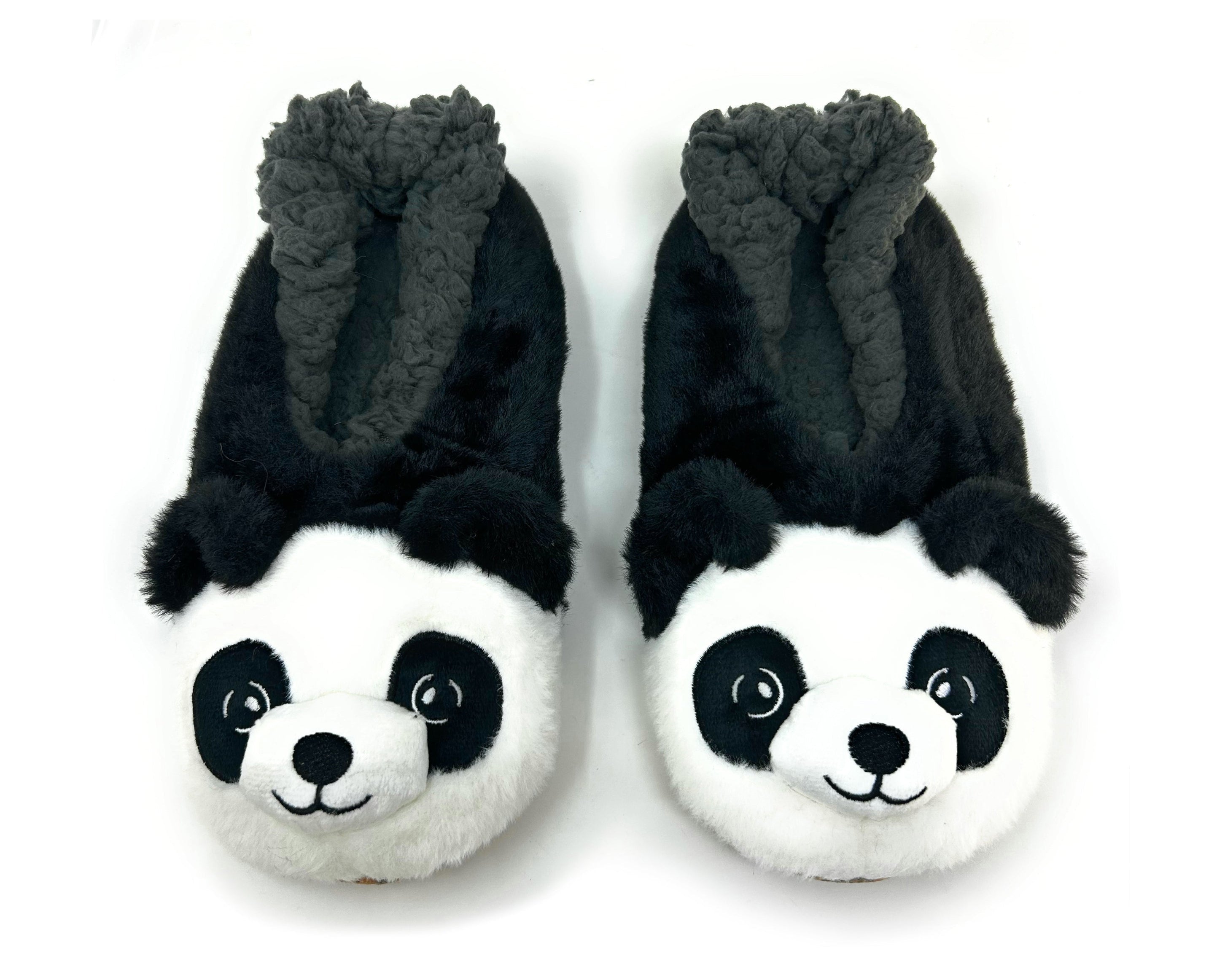 Pair of panda-themed slippers with fuzzy black tops on a white background