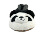 Plush toy shaped like a panda with a bow on a white background