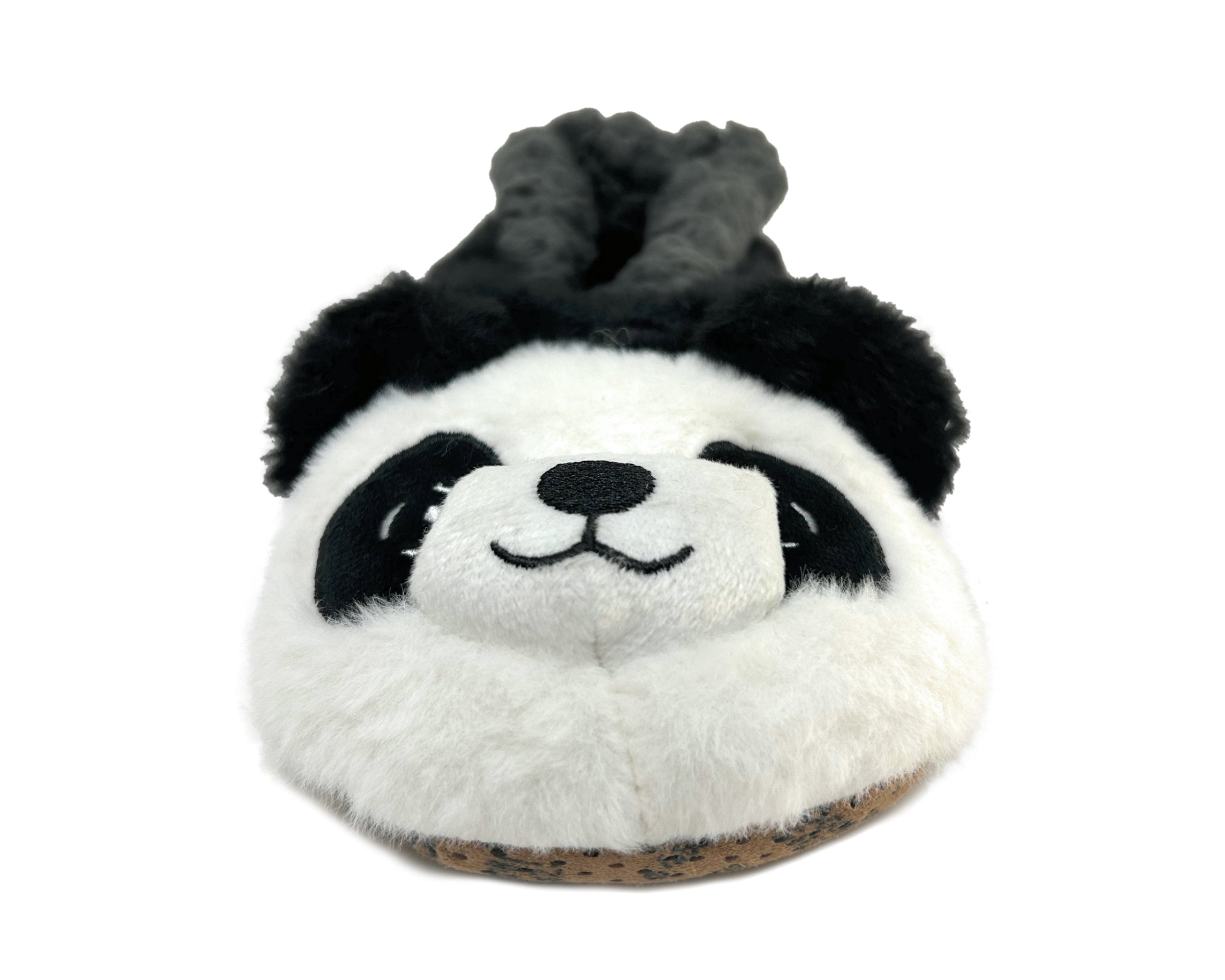 Plush toy shaped like a panda with a bow on a white background