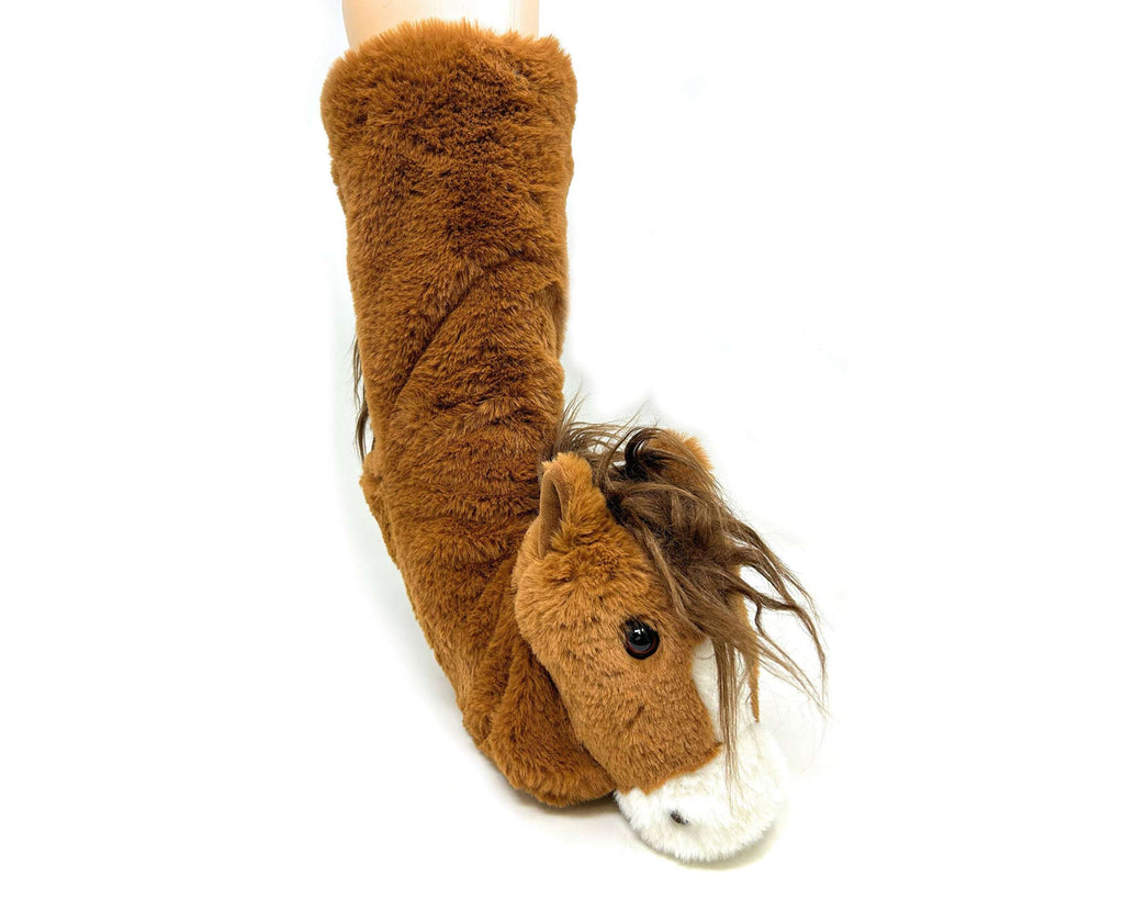 Brown horse-shaped sock slipper with a fluffy texture on a white background