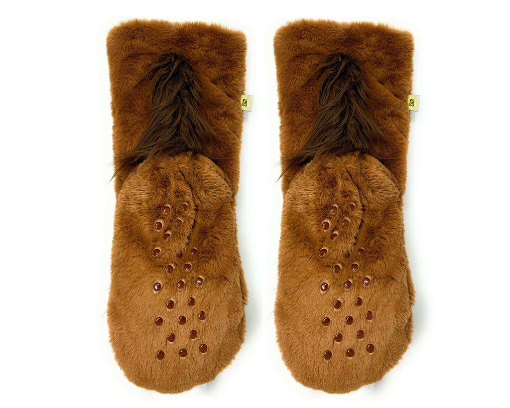 Pair of brown fuzzy horse sock slippers with a fluffy brown tails on the back on a white background