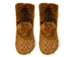 Pair of brown fuzzy horse sock slippers with a fluffy brown tails on the back on a white background