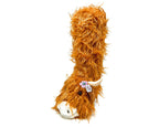 Fuzzy plush highland cattle slipper sock with orange faux fur and a floral headband on a white background
